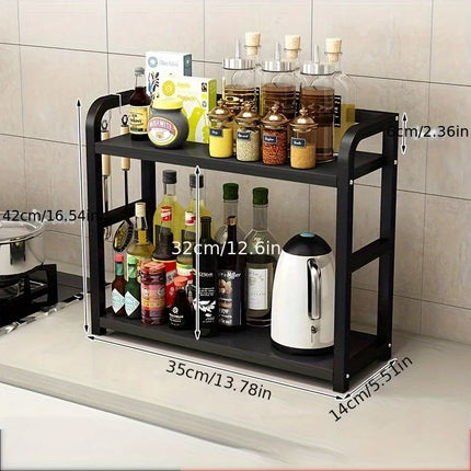 Rustproof 2-tier metal kitchen shelf by OKEYWOW, countertop organizer with space for coffee mugs and condiments.