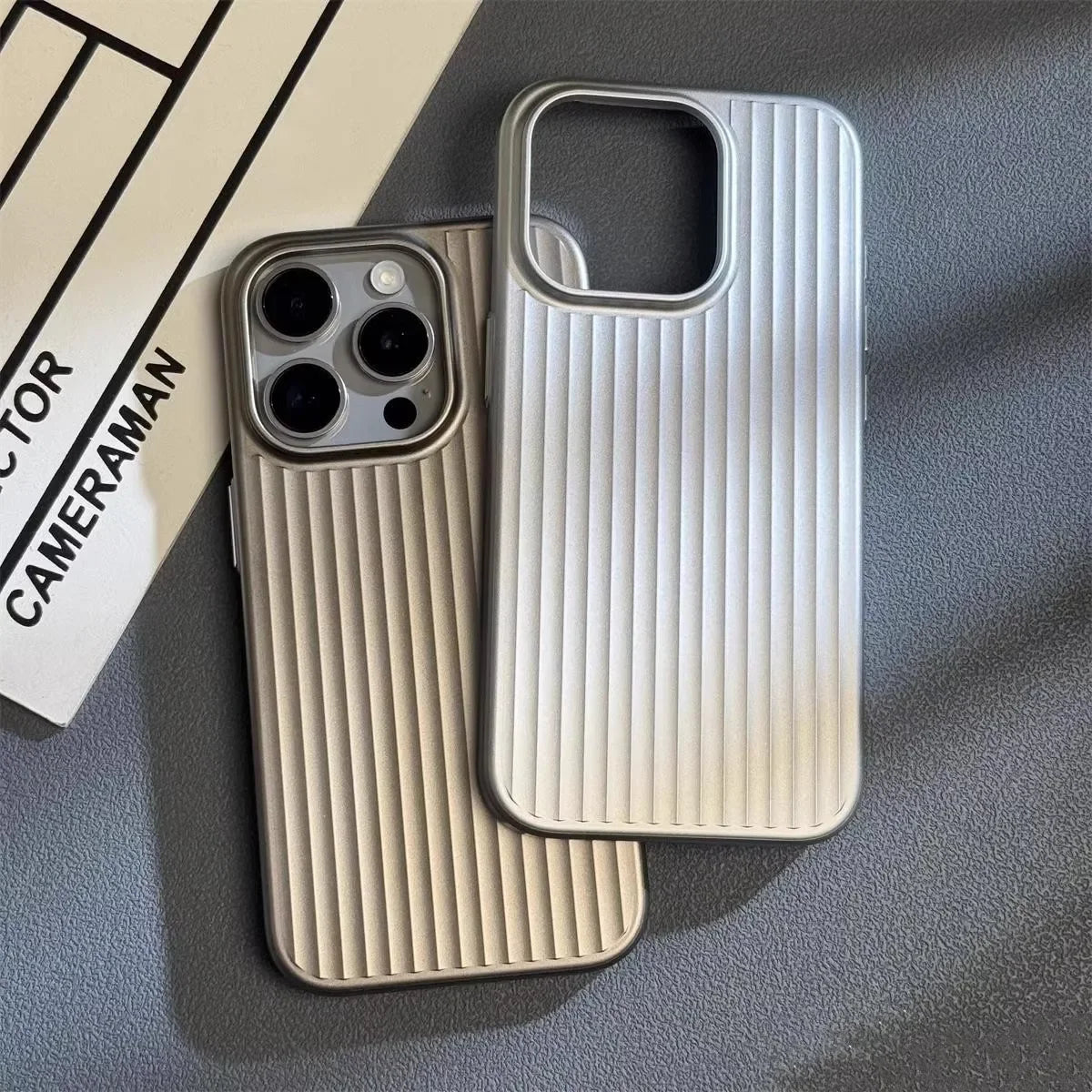 Luxury Natural Titanium PC Case for iPhone 15,16 Pro Max Plus Electroplated Grating Corrugated Hard Back Cover