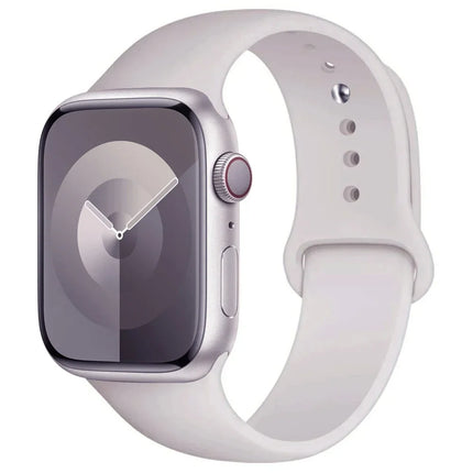 Apple Watch silicone sport band by OKEYWOW for Series 9, Ultra, SE, and 3 in 38mm to 49mm sizes, shown on a smartwatch.
