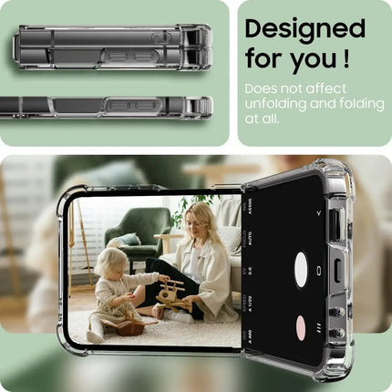 Clear acrylic and TPU Samsung Z Flip case by OKEYWOW with shockproof design, compatible with Flip 4, 5, 6, and 7 models.
