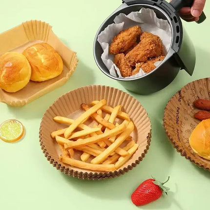 OkeyWOW air fryer disposable paper liners in square and round shapes, non-stick, oil-absorbing baking paper for kitchen use, 50 or 100 pcs