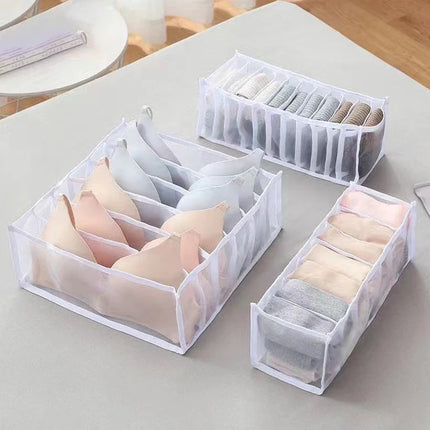 OKEYWOW underwear drawer organizer storage box with compartments for bras, jeans, and scarves in a closet or wardrobe.