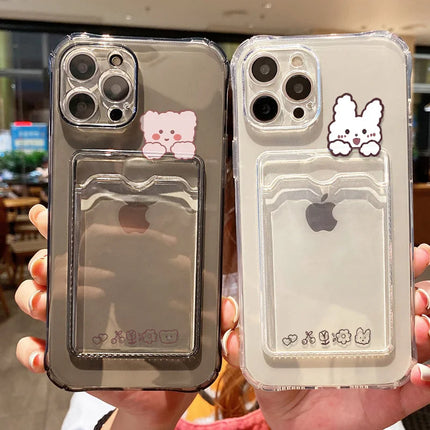 Transparent soft iPhone bear case with card holder for iPhone 12-16/11/13/12/Pro Max XR XS SE by OKEYWOW, featuring a cute bear design.