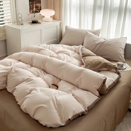 Okeywow solid color brushed fabric bedding set with duvet cover, pillowcases, and bed sheet in a relaxed bedroom setting