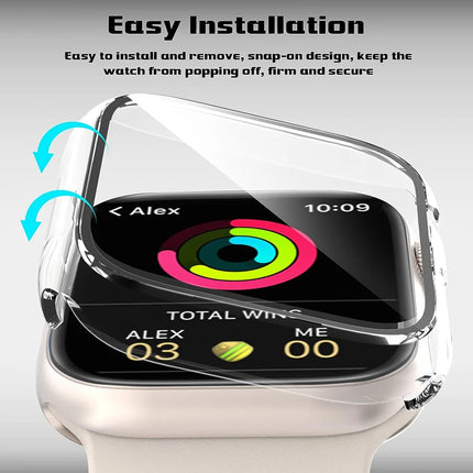 OKEYWOW Apple Watch tempered glass bumper case and screen protector for Series 9 to 4 SE, fits 38mm to 45mm models.