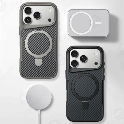 Stealth Carbon Kickstand Magnetic Armor Case for iPhone 17/16/15/14/13/12 Pro Max Soft Shield Cover
