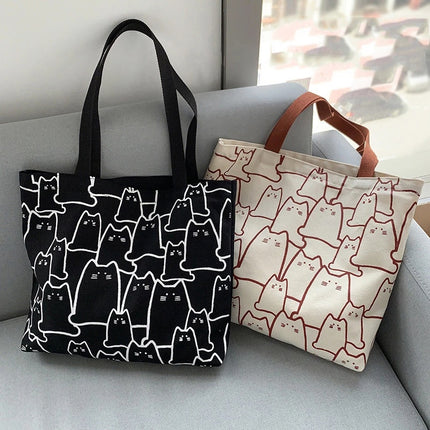 KawaiiCat Canvas Tote Bag Women Shopper Zipper Cartoon Shoulder Handbag