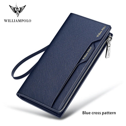 OKEYWOW WilliamPOLO men's genuine leather wallet with zipper, card holder, business phone bag, and purse in classic brown.