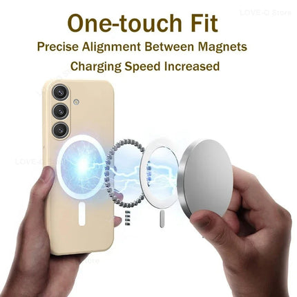 Samsung MagSafe liquid silicone magnetic case for Galaxy S23 Ultra, S24, S25, S26, and FE models with wireless charging compatibility.