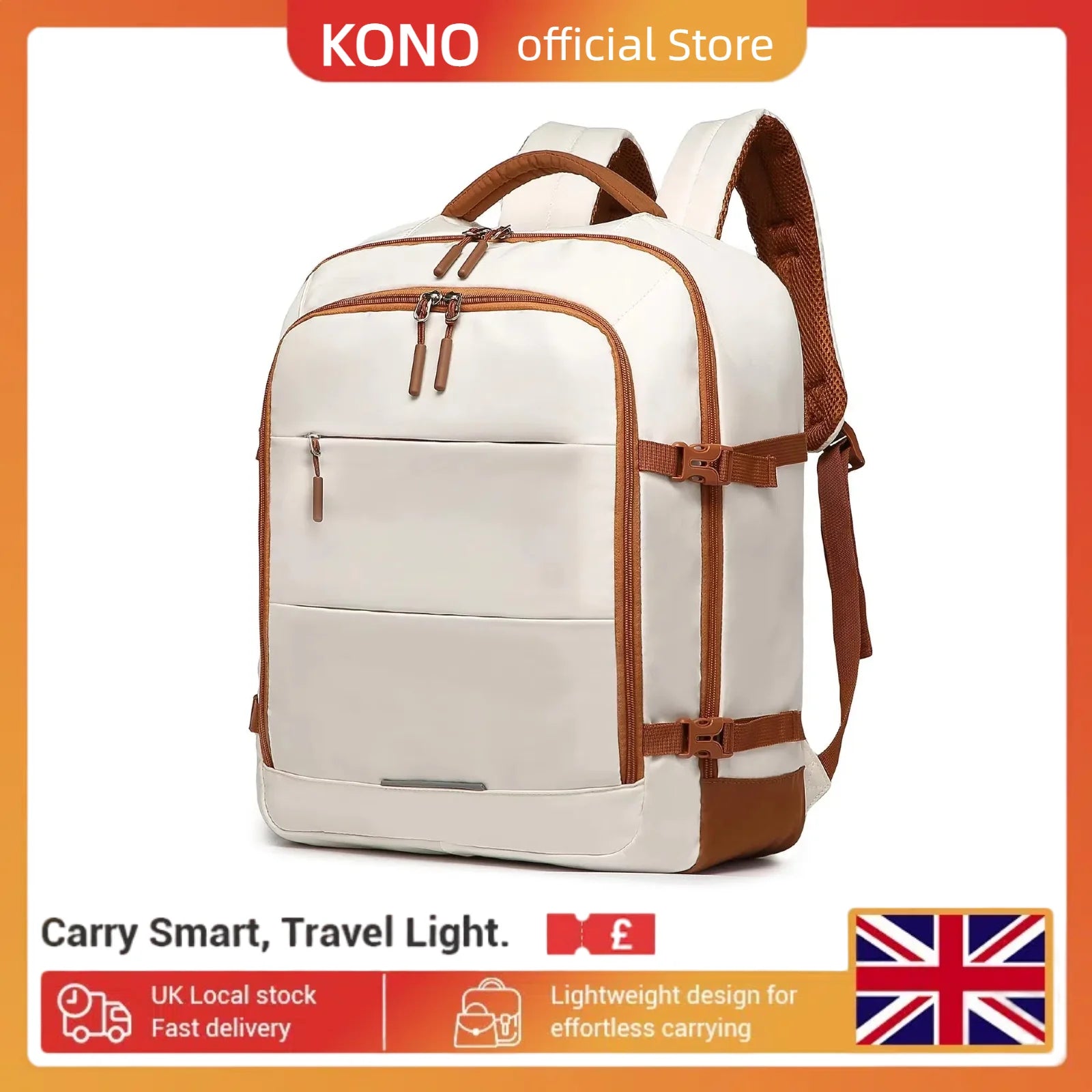 Cabin Travel Backpack 45 x 36 x 20 cm Easyjet Luggage Bag Laptop Weekend Duffel Bag 30L (Beige/Brown)