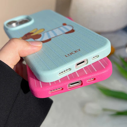 OKEYWOW iPhone cartoon dog soft leather shockproof case for iPhone 11 to 16 Pro Max, featuring a playful dog design.