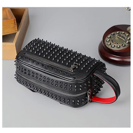 Men's cyberpunk PU leather clutch bag with rivets, waist wallet design, strap, and money pouch by OKEYWOW.