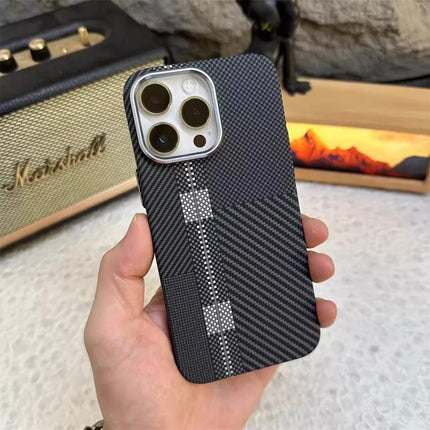 OKEYWOW iPhone 17/16/15 Pro Max carbon fiber MagSafe case with camera lens protection and hard PC cover.
