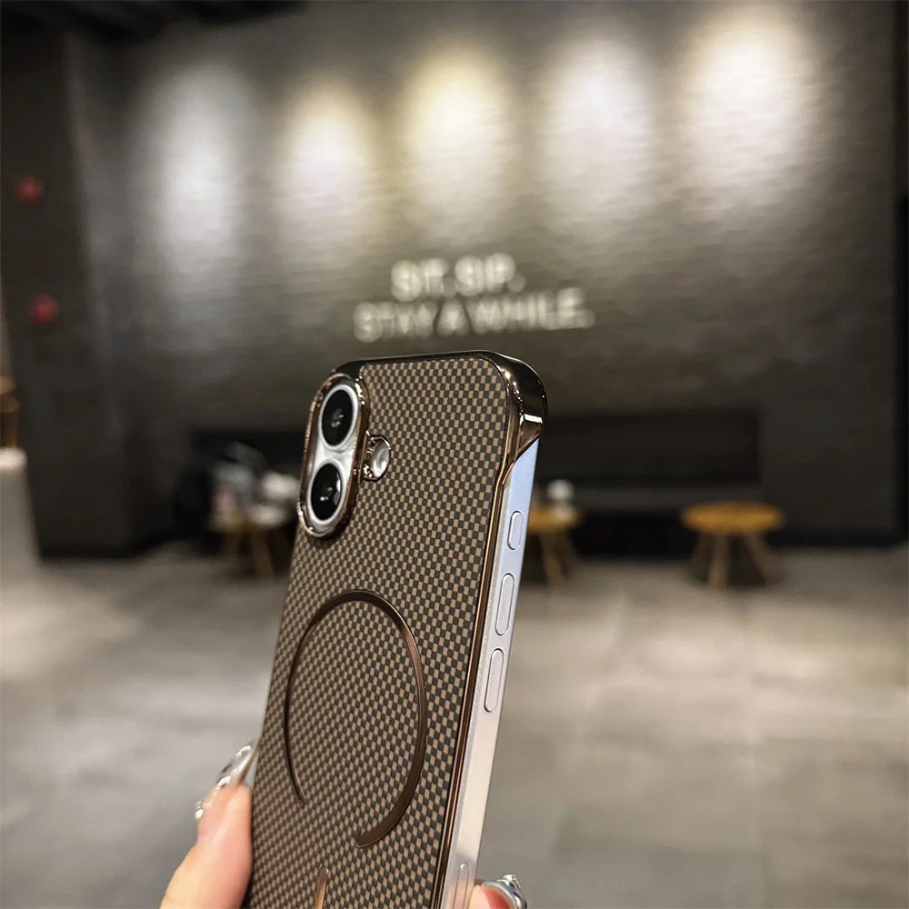 Luxury Kevlar Pattern For Magsafe Slim Frameless Phone Case For iPhone 16 17 Air 15 14 13 Pro Max Wireless Charging Plated Cover