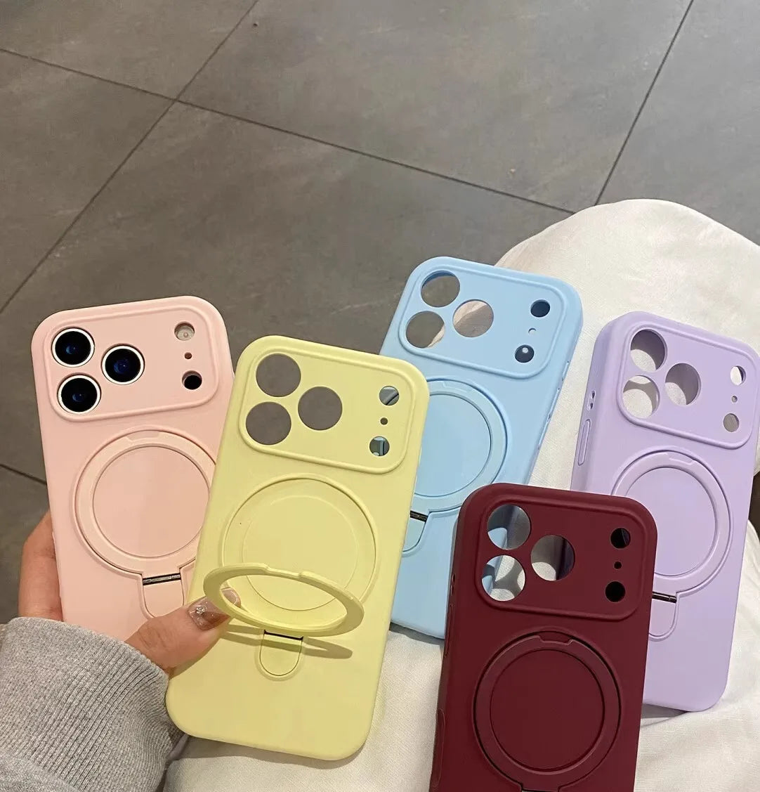 Luxury Magnetic Liquid Silicone Phone Case for iPhone 12–17 Series (Pro/Pro Max/Plus/Air) – MagSafe Holder Stand Soft Cover