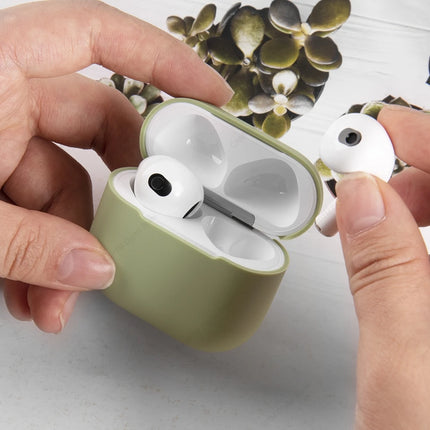 Durable OKEYWOW AirPods 4th Gen silicone protective case showing a sleek black cover with precise cutouts for charging port and sensors.