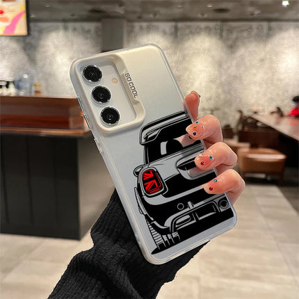 Samsung A series sport car-shaped TPU shockproof phone case by OKEYWOW, featuring a sleek laser design and vibrant colors.