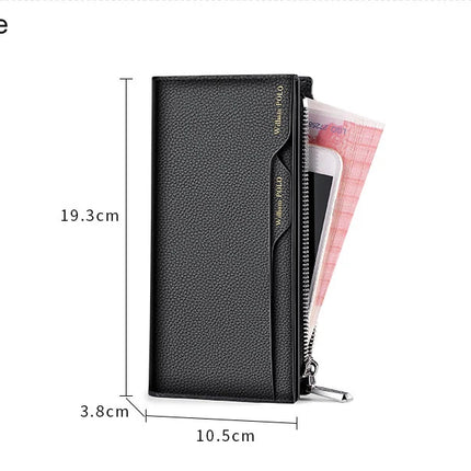 OKEYWOW WilliamPOLO men's genuine leather wallet with zipper, card holder, and phone bag in a sleek business design.