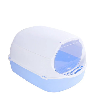 Okeywow Kitty Cat Litter Box, semi-enclosed splashproof pet toilet tray with bedpan design for indoor cat hygiene.