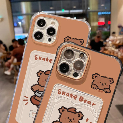 Transparent soft iPhone bear case with card holder for iPhone 12-16 Pro Max, XR, XS, SE by OKEYWOW, showing the case and card slot.