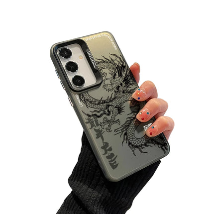 Samsung Galaxy S20 FE with OKEYWOW Dragon Case laser PC TPU shockproof cover in black, featuring intricate dragon design.
