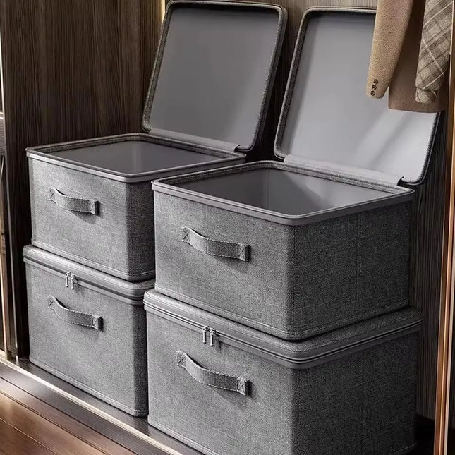Large capacity foldable clothes storage box with zipper, wardrobe organizer bag from OKEYWOW showing its spacious interior and durable material.