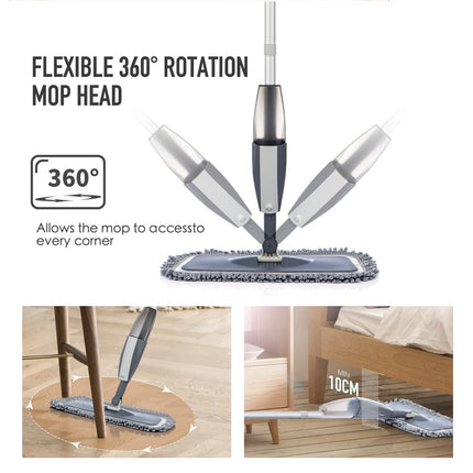 OkeyWOW Magic Spray Mop with 360-degree handle and microfiber pads for wooden floor cleaning in home and kitchen.