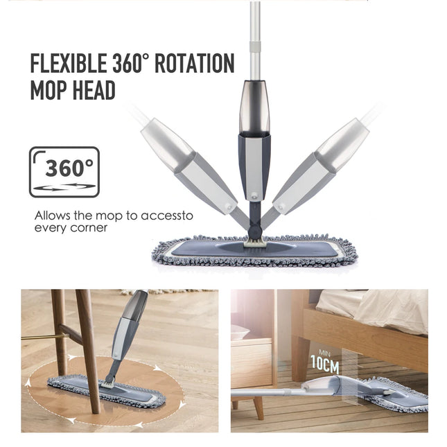OkeyWOW Magic Spray Mop with 360-degree handle and microfiber pads for wooden floor cleaning in home and kitchen.