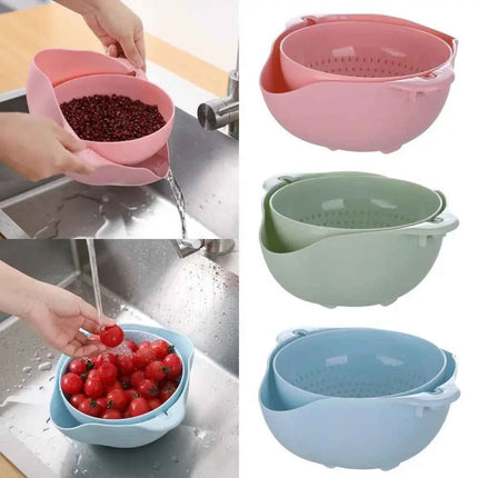 Double Layer Vegetable Washing & Drain Basket with Rotating Strainer