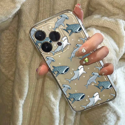 Clear silicone iPhone case with ocean animal design featuring sharks, dolphins, and fish for iPhone 11 to 16 Pro Max by OKEYWOW
