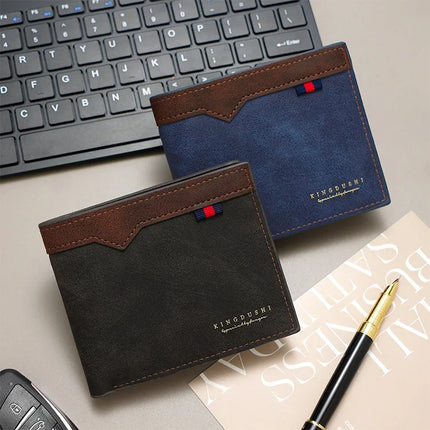 Men’s black bifold wallet by OKEYWOW with zipper coin pocket, multiple card slots, and large capacity for minimalist, stylish organization.