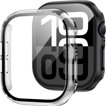 OKEYWOW Apple Watch tempered glass screen protector for Series 10-3 and SE, 38mm to 46mm, shown on smartwatch display.
