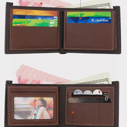 Men’s OKEYWOW bifold wallet with zipper coin pocket, multiple card slots, large capacity, minimalist design, and stylish fashion look.