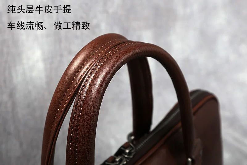 Vintage Men's Briefcase Top Layer Cowhide Casual Handbag Leather Business Shoulder Messenger Bag Brown 14 Inch Laptop Bag NZPJ