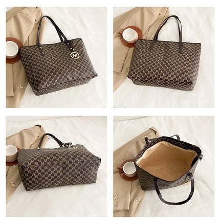 Large capacity OKEYWOW shoulder bag with letter print, luxury tote and clutch design, retro style for commuters.