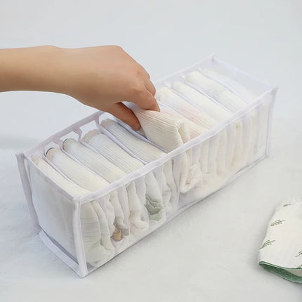 OKEYWOW underwear drawer organizer with compartments for bras, jeans, and scarves, keeping closet tidy and organized.