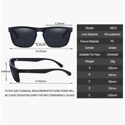 Classic square sunglasses with polarized lenses and UV400 protection for everyday outdoor wear.