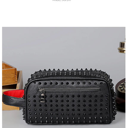 Men's PU leather rivet clutch bag with cyberpunk style waist wallet and strap, featuring a sleek design and metal rivet details.
