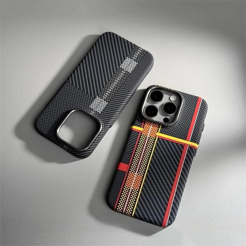 Relief Carbon Fiber MagSafe Case for iPhone 15 Pro Max 16 17 Pro Phone Cover Camera Metal Lens Protective Shell Hard PC Fundas