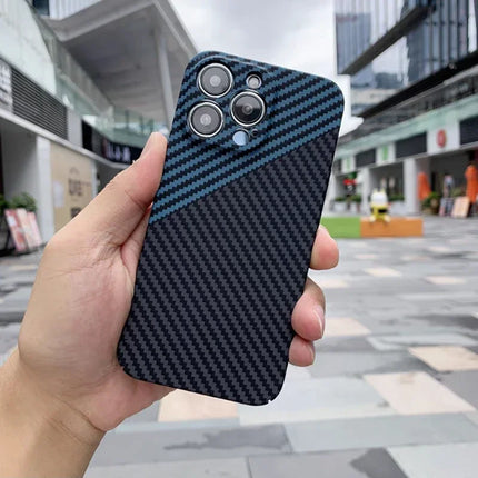 OKEYWOW iPhone carbon fiber case, ultra-thin hard back cover with camera protection for iPhone 11 to 17 Pro Max models.