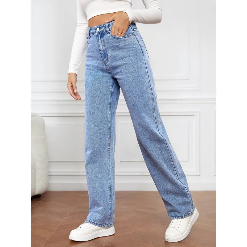 Wepbel Versatile Straight-Leg Denim Trousers Straight Jeans Jeans Stretch Washed Denim Pants Women Summer Fashion Chunky Pants