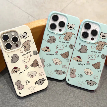 OKEYWOW iPhone cartoon dog case in soft leather for iPhone 11 to 16 Pro Max, featuring shockproof design and playful dog graphic.