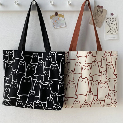 KawaiiCat Canvas Tote Bag Women Shopper Zipper Cartoon Shoulder Handbag