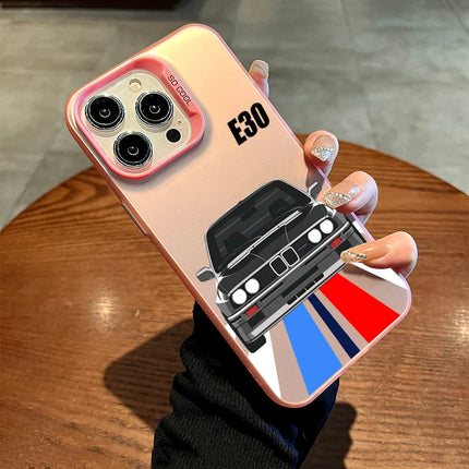 OKEYWOW iPhone E30 Car Case with laser-etched design, shockproof PC and TPU materials for iPhone 11 to 16 series, black color