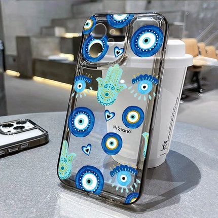 Blue iPhone Evil Eye case by OKEYWOW with lucky eye design, shockproof soft cover for iPhone 11 to 15 Pro Max, XR, XS, SE.