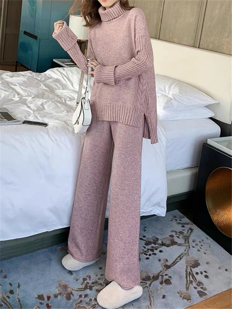 Autumn Winter 2 Pieces Women Sets Knitted Tracksuit 2023 New Turtleneck Sweater and Wide Leg Jogging Pant Pullover Suits