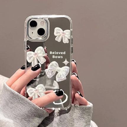 Luxury shockproof Mirror Bowknot iPhone case for iPhone 17 to 11 Pro Max XR XS by OKEYWOW, featuring a glossy mirror finish and elegant bow design.