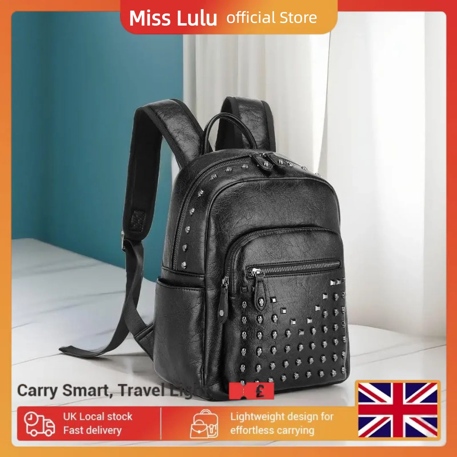 Miss Lulu Skull Rivet PU Leather Casual Daypack,Retro Punk Style Studded Backpack for Women