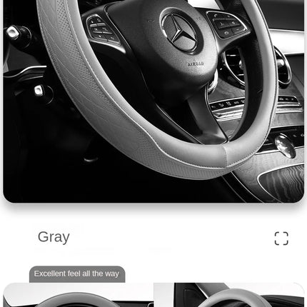Okeywow Napa leather 15-inch perforated non-slip breathable steering wheel cover on a car wheel.