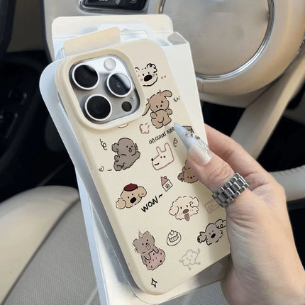 OKAYWOW iPhone cartoon dog case with soft leather shockproof cover for iPhone 11 to 16 Pro Max, featuring a playful dog design.